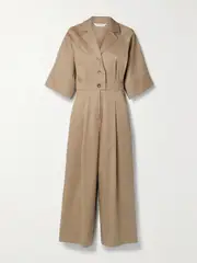 [Max Mara] Max Mara - Pleated Cotton-blend Twill Jumpsuit - Sand - UK 12 UK 12 Neutrals