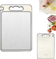 2 in 1 Stainless Steel Cutting Board for Kitchen,Double-Sided Scratch-Resistant Metal&Wheat Straw Chopping Board with Built-in Knife Sharpener,Juice Grooves,Handle,Separately Handle Meat Vegetables