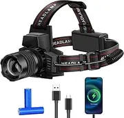 Spardar 10,000 Lumens Rechargeable Headlamp, LED Headlamp with 7 Modes, Zoomable, IPX4 Waterproof, Suitable for Fishing, Mountaineering, Hiking, and Camping