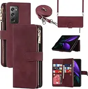 [Jaorty] for Samsung Galaxy Z Fold 2 5G Wallet Case with S Pen Holder,[9 Card Slots] Adjustable Crossbody Necklace Lanyard Shoulder Strap Zipper PU Leather Case for Samsung Z Fold 2, Burgundy