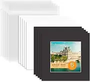 Mat Board Center, Pack of 5 Bevel Cut 12x12 Black Mat for 8x8 Photo with White Core Matte Set, Includes 5 Acid Free Mats, 5 Backing Board and 5 Clear Bags
