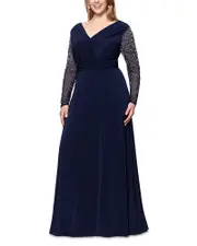 Betsy & Adam Plus Beaded Sleeve V Neck Gown