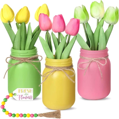 13 Pcs Mason Jar Spring Table Decor, Centerpieces for Tables with Tulips Artific