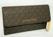 MICHAEL KORS JET SET TRAVEL LARGE TRIFOLD MK SIGNATURE WALLET BROWN