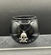 HALLOWEEN GLASS BLACK CAULDRON WITH SKULL