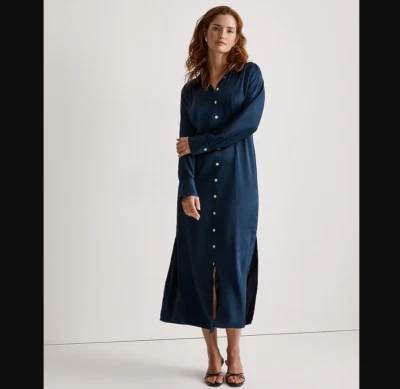 Madewell NEW Womens 4 Satin Button Front Midi Shirt Dress Long Sleeve Navy Blue