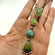 Navajo Natural Mix Turquoise 20" Bar Drop Necklace Sterling Signed Skeets 23.6g