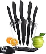 Kitchen Knife Set 7 Piece, High Carbon Stainless Steel Knife Block Set with Knife Sharpener, Professional Chef Knife Set with Acrylic Stand,Non stick coating for Anti-rusting and Sharp