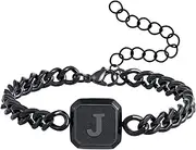 [Bellino] Initial Bracelet Gold/Silver/Black Squre A-Z Letter Cuban Link Chain Mens Bracelets Adjustable Size Stainless Steel Men Jewelry Gifts for Husband Dad Brother Son