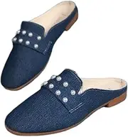 [Purubylley] Women's Pearl Decor Flat Denim Mules Shoes,Comfortable Round Toe Slip on Backless Dress Mule Slide Sandals Ladies Loafers