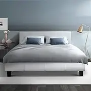 Artiss Double Bed Frame Platform Wooden Headboard Beds Base Frames Bedroom Room Decor Home Furniture, Upholstered with White Faux Linen Fabric + Foam + Wood, Modern Design