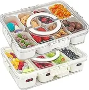 CLEALTHY 2 Pack Divided Serving Tray with Lid and Handle, Food Storage Box with 12 Plastic Compartment Platters, Portable Snack Platters Clear Organize, Candy Fruits Veggie Snacks Party Picnic