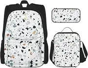 [vacsAX] Cow spot Lightweight Waterproof Backpack (3-Piece Set) with Lunch Bag, Pencil case for Office School, Terrazzo Marble Pastel, One Size