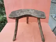 OLD ANTIQUE PRIMITIVE WOODEN WOOD HANDMADE STOOL CHAIR TRIPOD LEGGED RUSTIC 19th