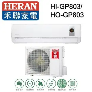 HERAN禾聯 冷氣 11-14坪 變頻一對一冷專型HI/HO-GP803