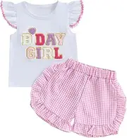 [Kayotuas] Toddler Baby Girl Birthday Outfit Birthday Girl Shirt Ruffle Gingham Shorts Cute Summer Clothes Cake Smash Outfits