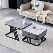 Modern Nesting Coffee Tea Table, Coffee Eating Table with Drawer, Faux Marble Top Square Design Metal Decor Center Couch Table for Living Room Reception Room Office,C