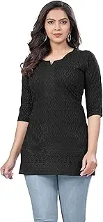 [ladyline] Womens Rayon Hakoba Schiffli Embroidered Tunic Top Chikan Work Short Kurti Kurta