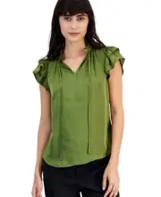 Anne Klein Women's Tie-Neck Ruffle-Sleeve Blouse (Bay Leaf, XX-Small)