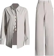 [Zadaos] Solid Two Piece Set For Women Notched Collar Long Sleeve Blazer High Waist Straight Pant Set