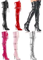 Seductive Dominatrix 5" Fetish Heels Lace Up Front Thigh High Pointed Toe Boots