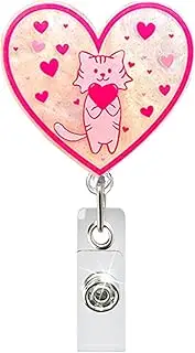 Valentine’s Day Pink Romantic Badge Reel,Cute Cat & Pink Heart Design Badge Reel, Glitter Acrylic Badge Holder Retractable with Alligator Clip ID Name Tag Badge Holder for Nurse Teacher Office Staff