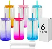 SUBCUB 6 Pack Plastic Tumblers Can with Lids and Straw 16oz Mason Jar Color Gradient Drinking Acrylic Beer Cups Bulk Iced Coffee Juice Cup