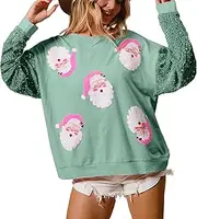 [NUFIWI] Women Christmas Sweatshirt Sequined Long Sleeve Glitter Santa Shirt Funny Merry Sweatshirts Xmas Holiday Pullover