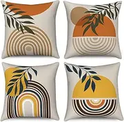 4Pcs Boho Cushion Cover, 45 x 45 cm,Abstract Leaf Sunset Sunrise Rainbow Line Decorative Cushion Covers Modern Minimalist Linen Cushion for Sofa Home Decor