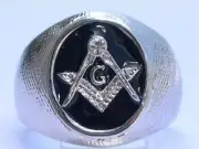 Masonic Mason Black Enamel Compasses Clear Austrian Crystal Men Ring Size 7-15