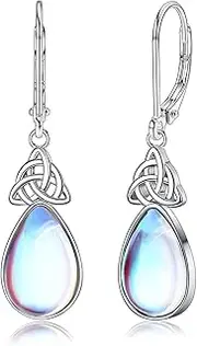 [Sanfenly] 925 Sterling Silver Dangle Earrings for Women Girls Leverback Dangling Earrings Teardrop Moonstone Celtic Triangle Drop Earrings Hypoallergenic Jewellery With Gift Box