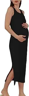 [Generic] Fashion Maternity Women's Maternity Rib Knit Split Side Sleeveless Bodycon Tank Pencil Dress Woman Short Sleeve Button Down