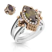 Turkish Reversible Marquise Peridot and Black Topaz 925 Sterling Silver Ring