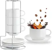 8 Ounce Porcelain Cappuccino Cups with Saucers and Metal Stand, Stackable Coffee