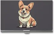 [VFMKT] Slim Metal Business Card Holder Portable Business Card Case Pocket Name Card Holder Cute Corgi Dog Illustration Wallet for Men Women Office Travel, style, One Size