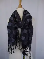 Cejon Shine Checkered Fringe Wrap Scarf Black Metallic #4218
