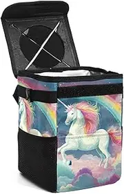 Car Trash Can with Lid,Bag Hanging Storage Pockets Leak-Proof,Portable Garbage Bin,Unicorn Cloud Rainbow
