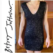 Betsey Johnson Black Sequin Beaded Fringe Sleeve Mini Dress Size M NWT