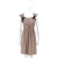 在飛比找Yahoo奇摩購物中心優惠-PAOLA FRANI 卡其色皺褶蝴蝶結飾洋裝
