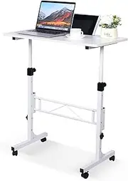 Standing Desk Adjustable Height, Mobile Stand Up Desk with Wheels Small Computer Desk Rolling Desk, Portable Laptop Desk Black Standing Table Sit Stand Home Office Desks, Height 70-110CM (White)