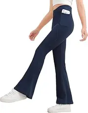 [Hvididan] Girls Flare Leggings with Pockets, V Cross High Waisted Bootcut, Yoga Dance Pants Kids Full Length Bell Bottoms