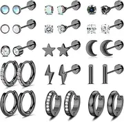 Kakonia 15 Pairs Surgical Steel Cartilage Earrings Set for Women Men - 20G Tiny Stud, Cubic Zirconia Hoop Huggie, Tragus Daith Helix Screw Flat Back Piercing Jewelry