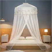 Bed Canopy from Ceiling, Soft Polyester Hanging Lace Dust-Proof Blocking Curtain for Bedroom Decor, Game/Reading Nook, Fits Queen/King/Twin Beds(White)