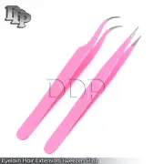 2X Pink Straight + Bend Tweezer For Eyelash Extensions Nail Art Nippers