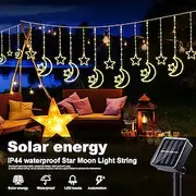 Led Decorative Light Solar Moon Star Light String Outdoor Waterproof Solar Curtain Light 8 Modes Of Hanging Ice Bar Light 1PC