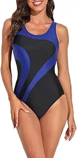 [TEMKIN] Women Swimwear One Piece Sport Swimsuit Color Block Back Cutout Swimming Costume with Wide Straps