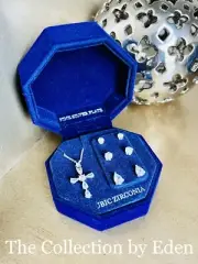 Macys Necklace & Earrings- Silver CZ Cross Pendant w/ Round & Teardrop Studs