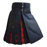 Handmade Black With Wallace Red Tartan Hybrid Kilt For Men Custom Size Kilt