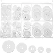 100 Resin Buttons with 5 Sizes, Mixed Shapes for Sewing, Crafts & Decoration - Flatback, 4-Hole, White, with Storage Box