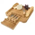 Wooden Cheese Cutting Board Serving Tray Pull Out Utensil Holder Elegant Bamboo